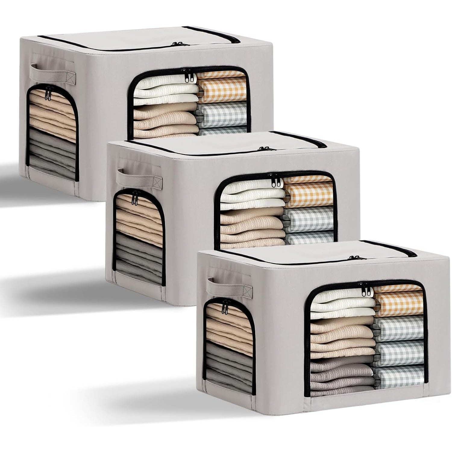 Cutie de Depozitare, cu 3 Ferestre cu Fermoar Bidirectional, Cadru din Otel, Impermeabil, 38L, 42 x 30 x 30 cm, Gri