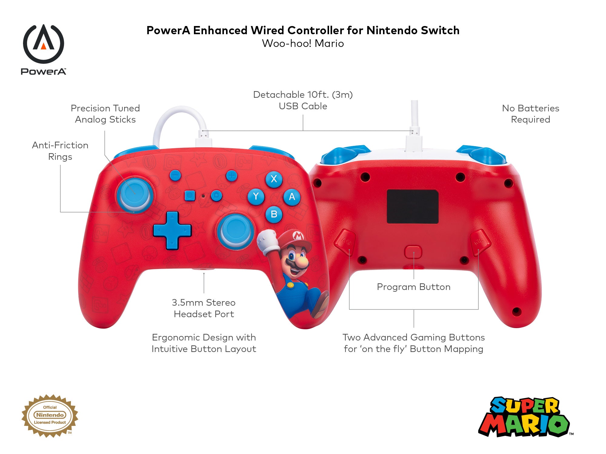 CONTROLLER PowerA, cu fir, pentru Nintendo, Woo-Hoo Mario, "NSGP0001-01"