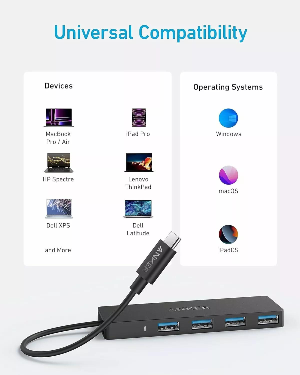 HUB Anker, 4-in-1, USB 3.0 x 4 porturi, incarcare prin USB Type-C, viteza 5 Gbps, conectare prin USB-C, negru, "A8309G11" (timbru verde 0.18 lei - 0194644177737