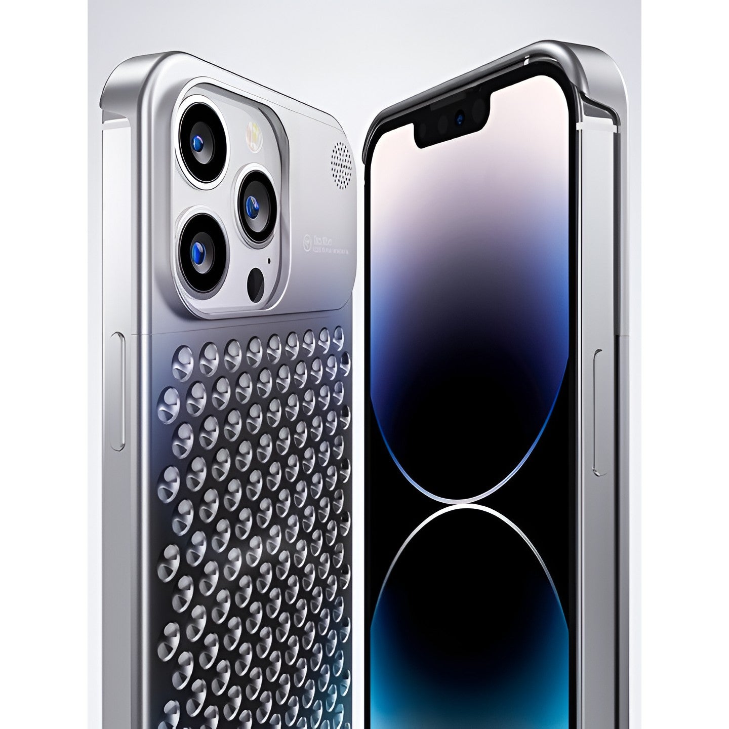Husa Aromaterapia Compatibila cu iPhone 15 Pro, Antisoc, Antizgariere, Protectie Camera si Supraincalzire, din Aliaj de Aluminiu, Argintiu