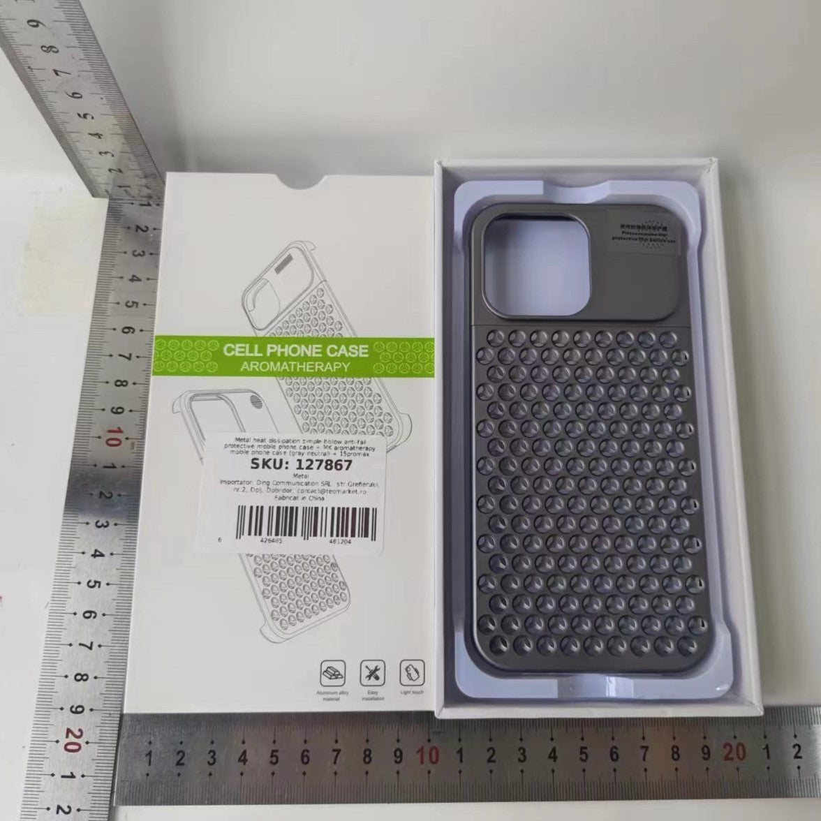 Husa Aromaterapia Compatibila cu iPhone 15 Pro, Antisoc, Antizgariere, Protectie Camera si Supraincalzire, din Aliaj de Aluminiu, Gri
