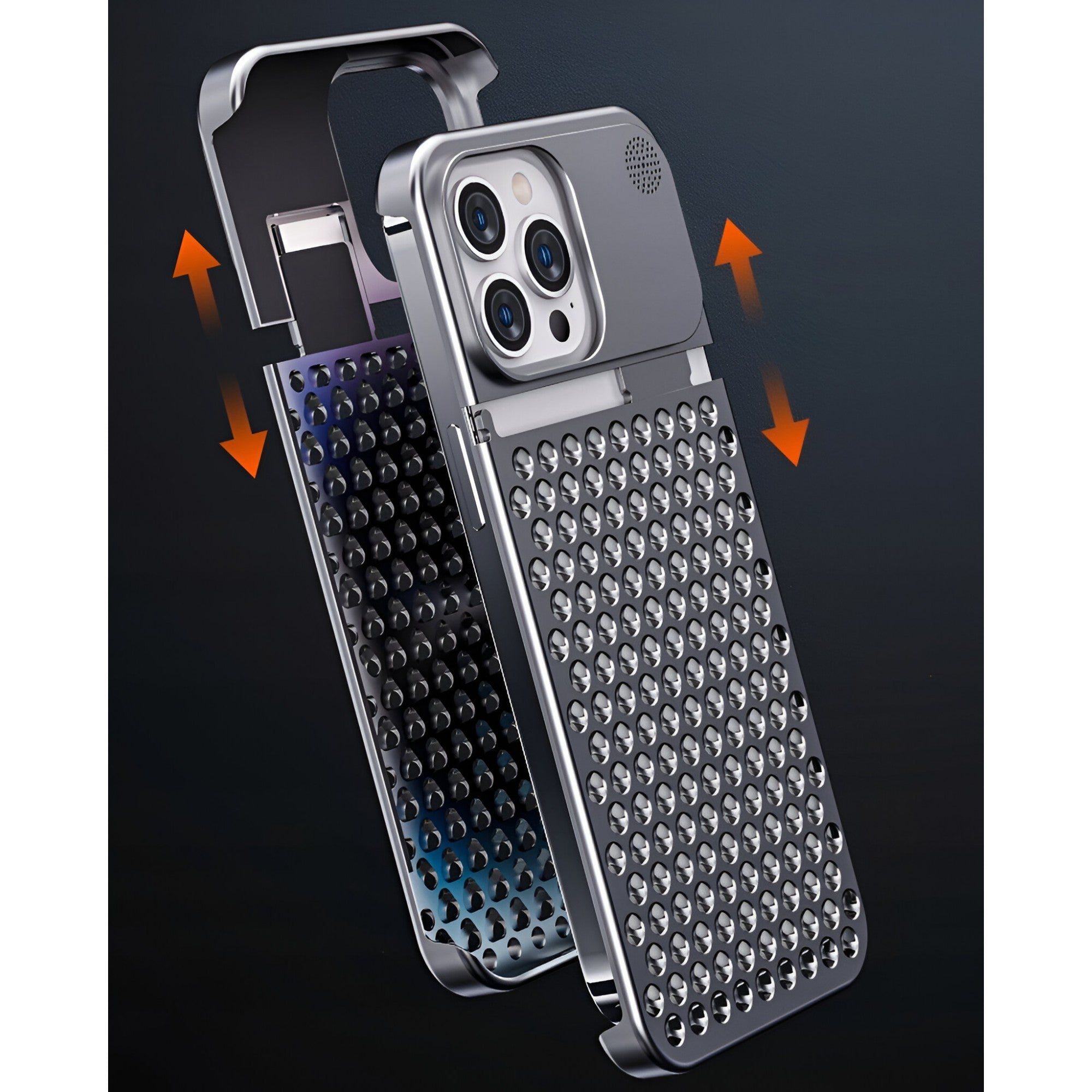 Husa Aromaterapia Compatibila cu iPhone 15 Pro Max, Antisoc, Antizgariere, Protectie Camera si Supraincalzire, din Aliaj de Aluminiu, Argintiu
