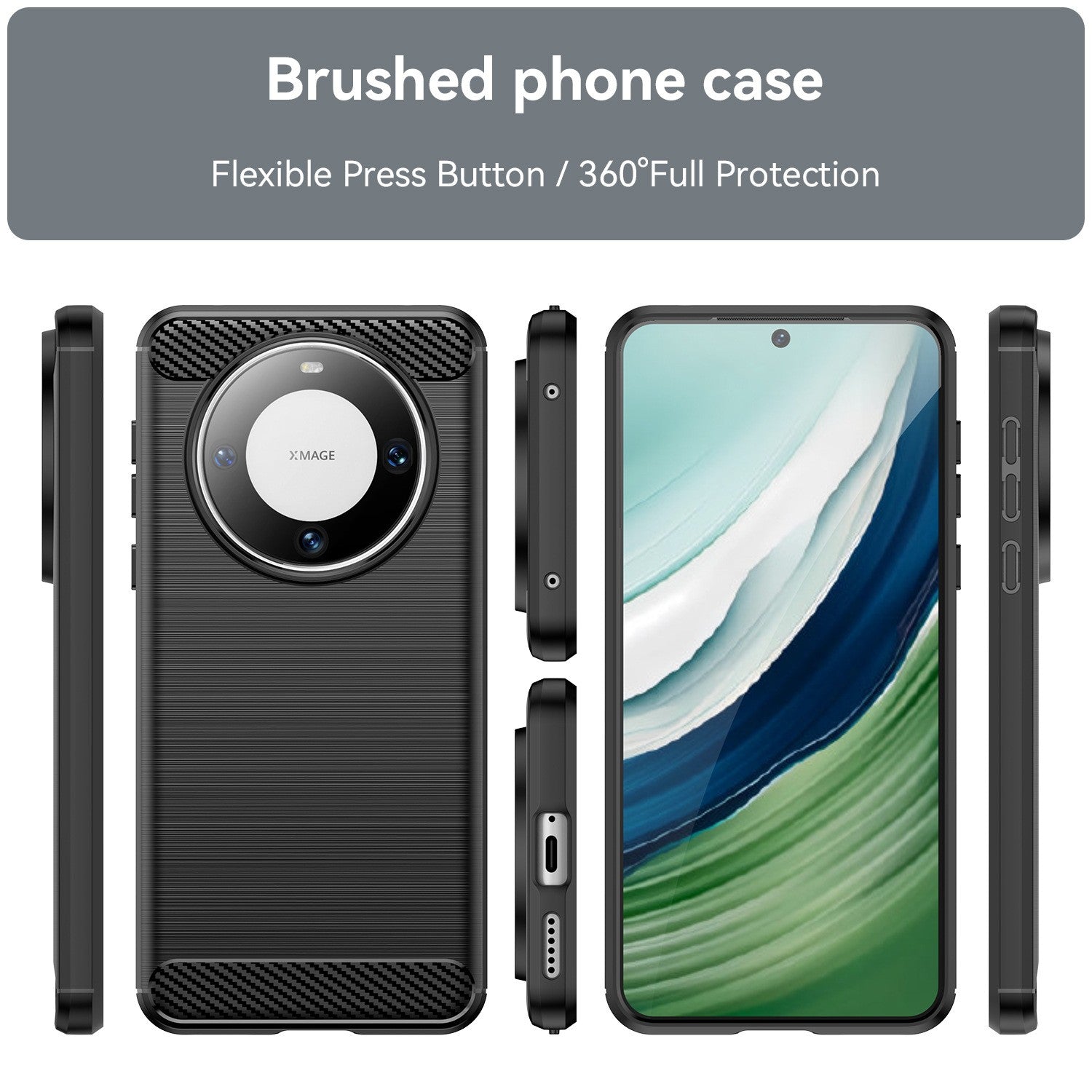 Husa de Protectie pentru Huawei Mate 60 Pro, Protectie 360, din TPU cu element de Carbon, Anti Alunecare, 1.8 mm, Negru