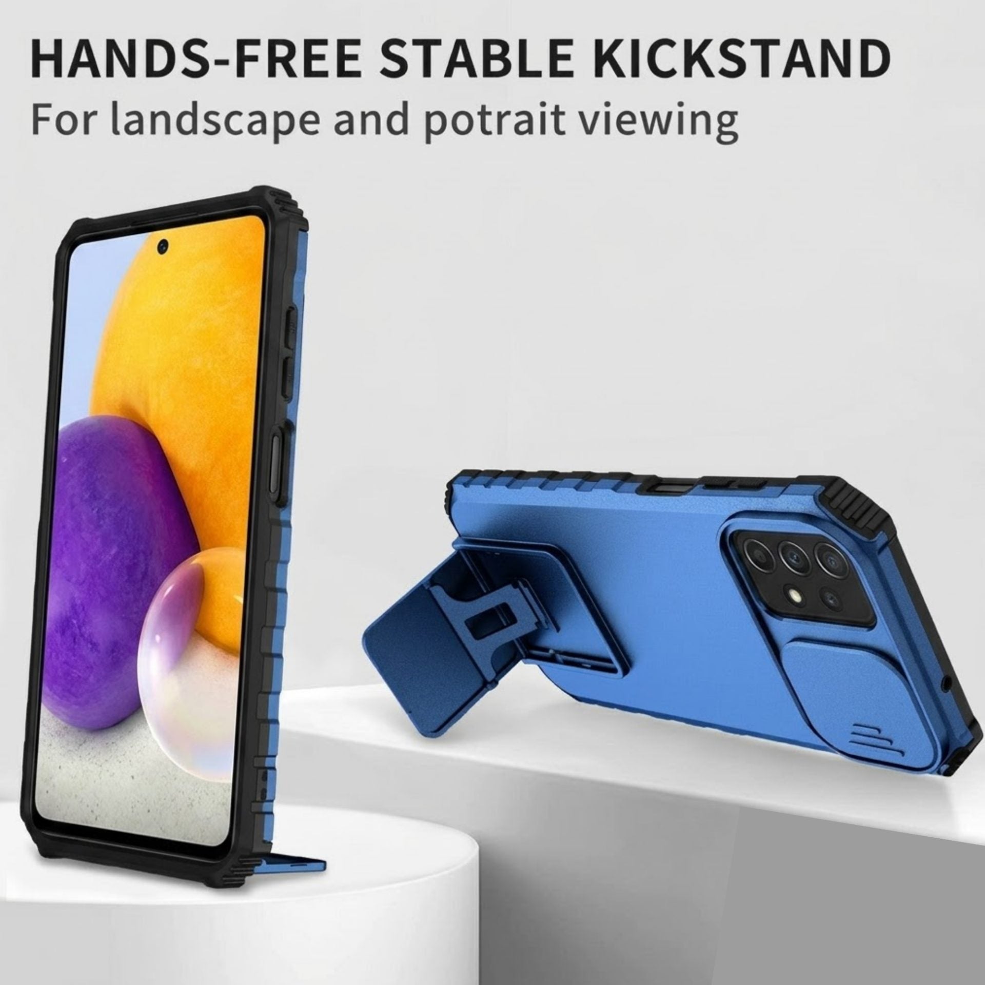 Husa Defender cu Stand pentru Samsung Galaxy A72 4G/ 5G, Albastru, Suport reglabil, Antisoc, Protectie glisanta pentru camera