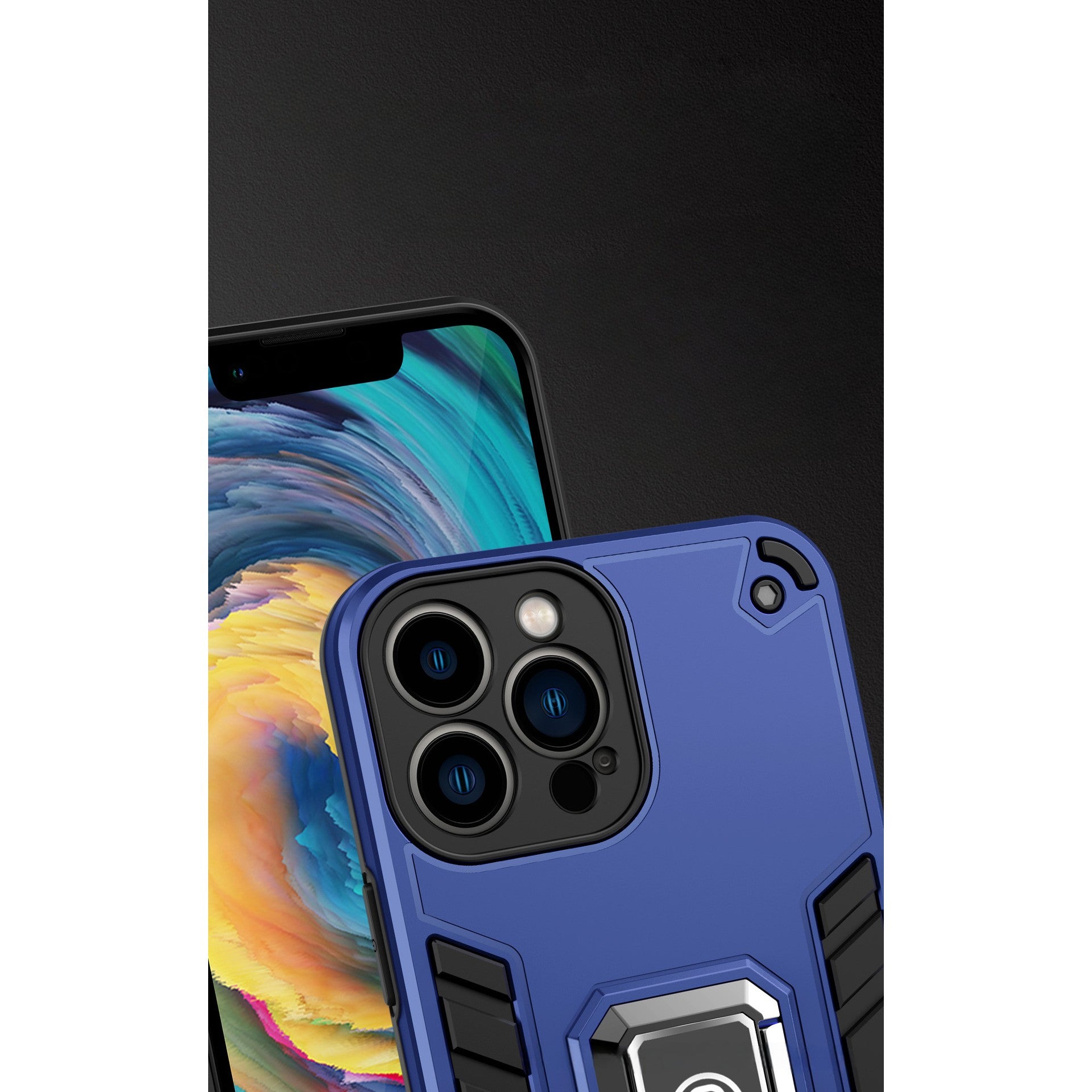 Husa Iron Warriors pentru iPhone 14 Pro Max, Hybrid Ring Holder Kickstand, Albastru inchis