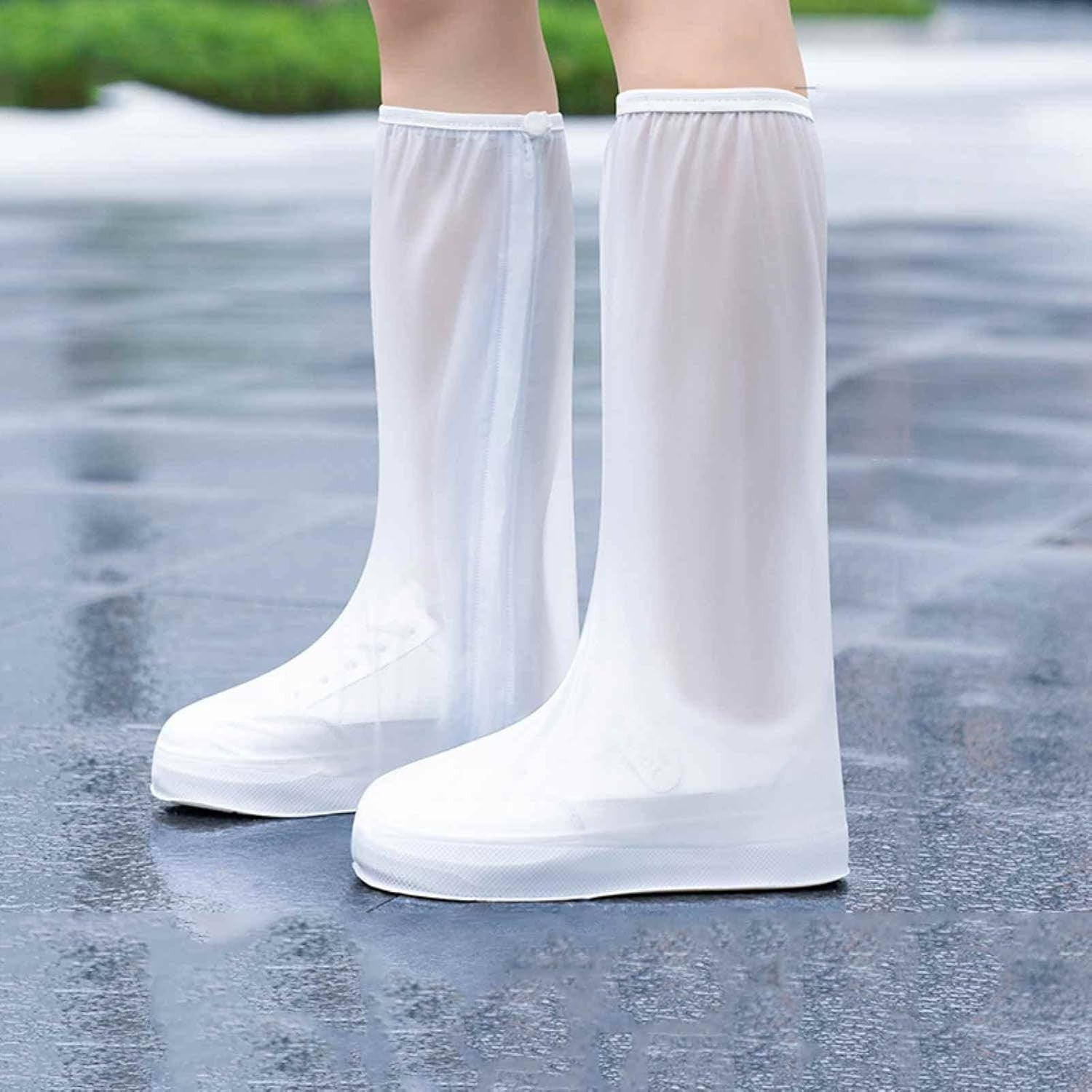 Protectie Incaltaminte pentru Ploaie si Noroi, Impermeabila, Talpa Antiderapanta, cu Fermoar si Capsa, Inaltime 40 cm, Marime M 36-37, Alb