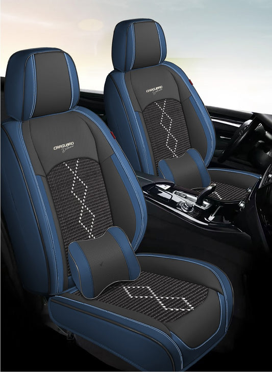 Huse auto premium 5 locuri Carguard Deluxe piele ecologica perforata si textil - negru - albastru inchis