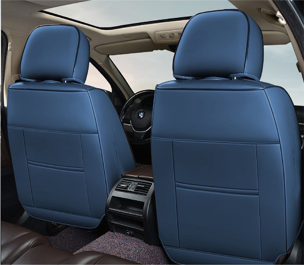 Huse auto premium 5 locuri Carguard Deluxe piele ecologică perforată și textil - negru - albastru închis