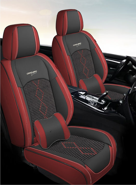Huse auto premium 5 locuri Carguard Deluxe piele ecologica perforata si textil - rosu inchis - negru