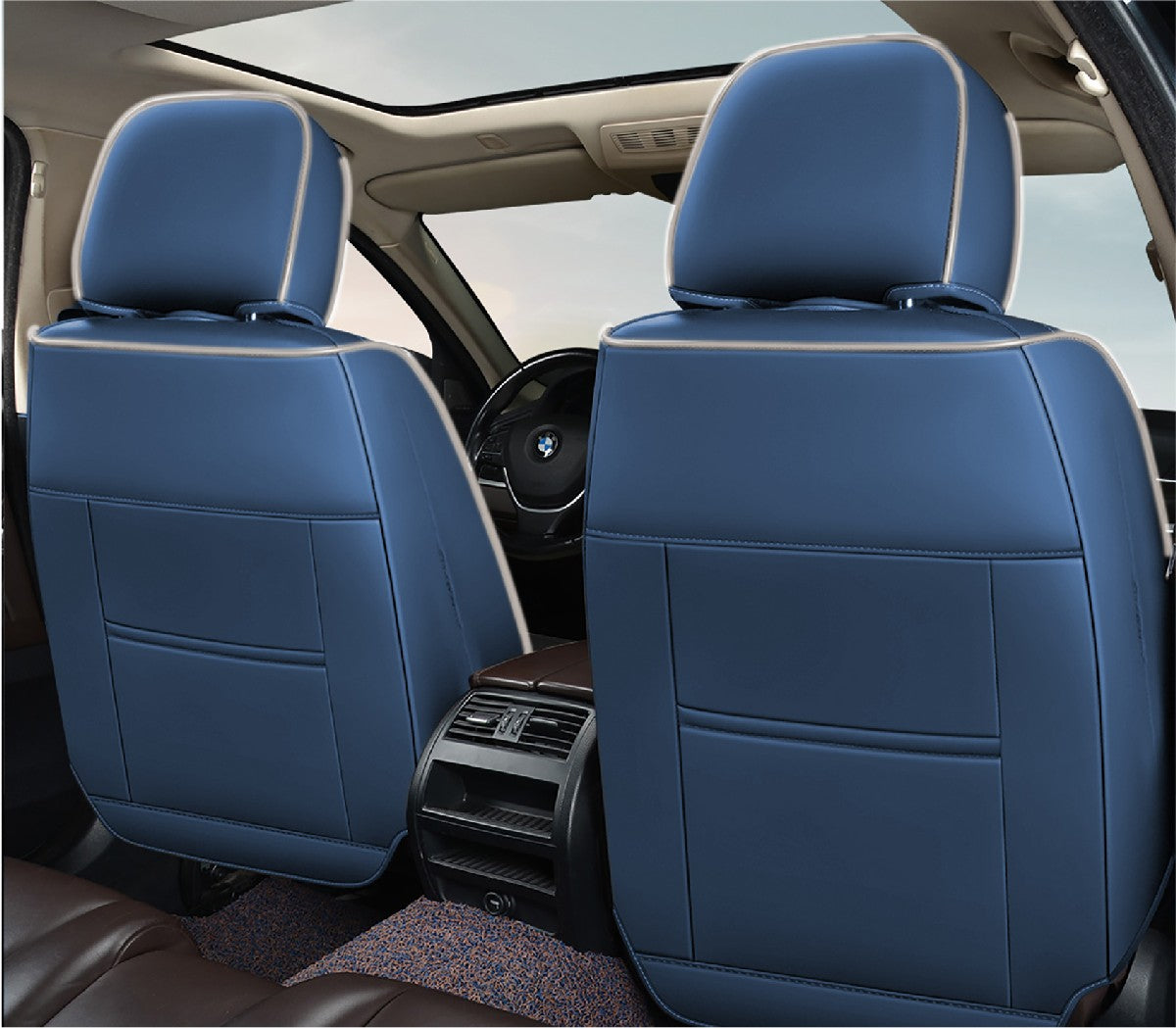 Huse auto premium 5 locuri Carguard Deluxe piele ecologică perforată și textil - albastru - alb