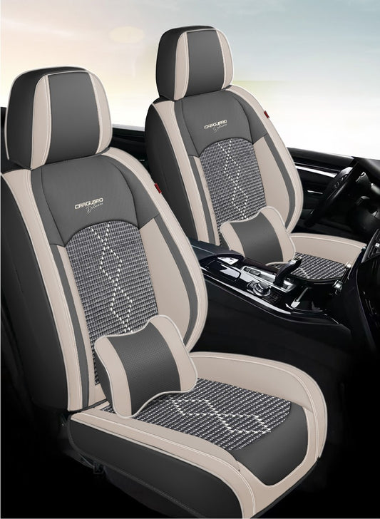 Huse auto premium 5 locuri Carguard Deluxe piele ecologica perforata si textil - gri deschis - gri inchis
