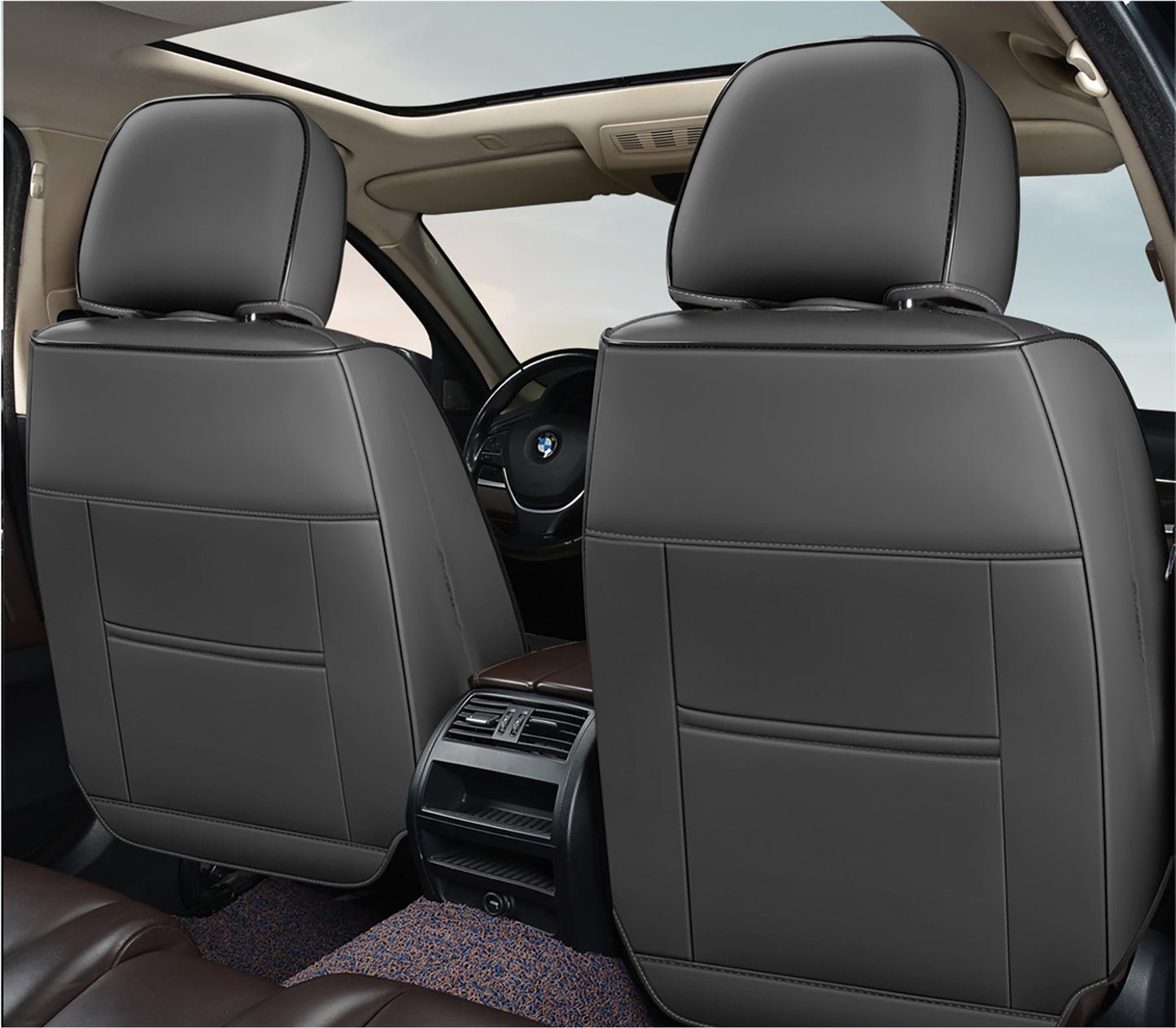 Huse auto premium 5 locuri Carguard Deluxe piele ecologică perforată și textil - negru - alb