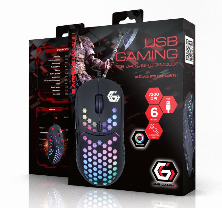 MOUSE GEMBIRD, gaming, cu fir, USB, optic, 7200 dpi, butoane/scroll 6/1, iluminare, cablu 1.8m, negru, "MUSG-RAGNAR-RX400"