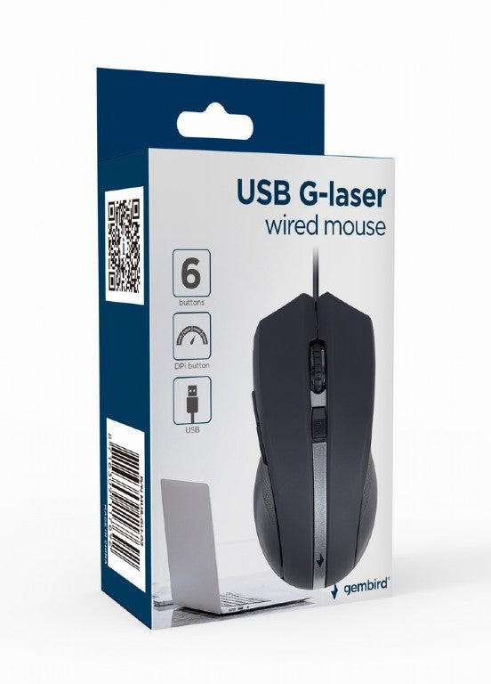 MOUSE GEMBIRD, PC sau NB, cu fir, USB, laser, 2400 dpi, butoane/scroll 6/1, cablu 1.8m, negru-argintiu, "MUS-GU-02"