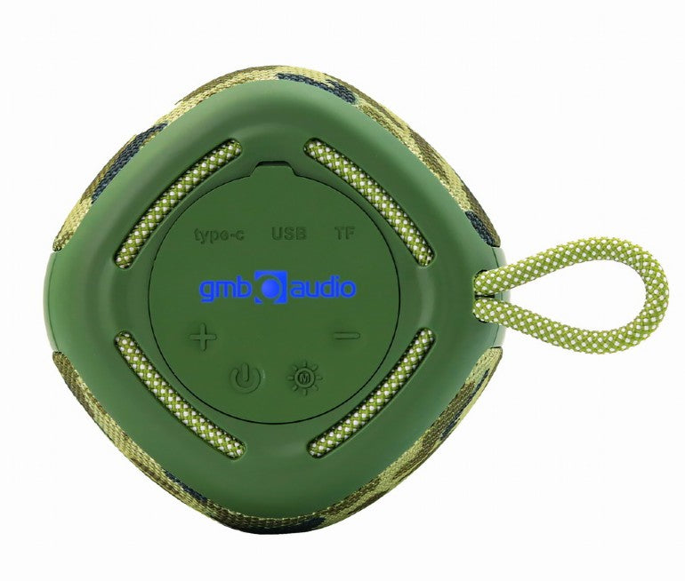 BOXE GEMBIRD portabile bluetooth, RMS: 5W, baterie 1200mAh, microSD, USB, FM-radio, LED light, BT v5.1, 111x111x134mm, 530 grame, camo, "SPK-BT-LED-03-CM"