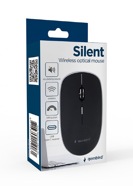 MOUSE GEMBIRD, PC sau NB, wireless, 2.4GHz, optic, 1600 dpi, butoane/scroll 4/1, silent, USB-C, negru, "MUSW-4BSC-01"