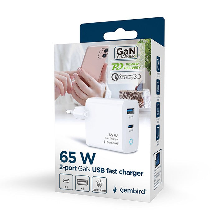 ALIMENTATOR retea 220V GEMBIRD, universal, 1 x USB Type-C D 65W, 1 x USB-A 3.0 QC 18W, indicator LED, tehnologie GaN, alb, "TA-UC-PDQC65L-W-01"