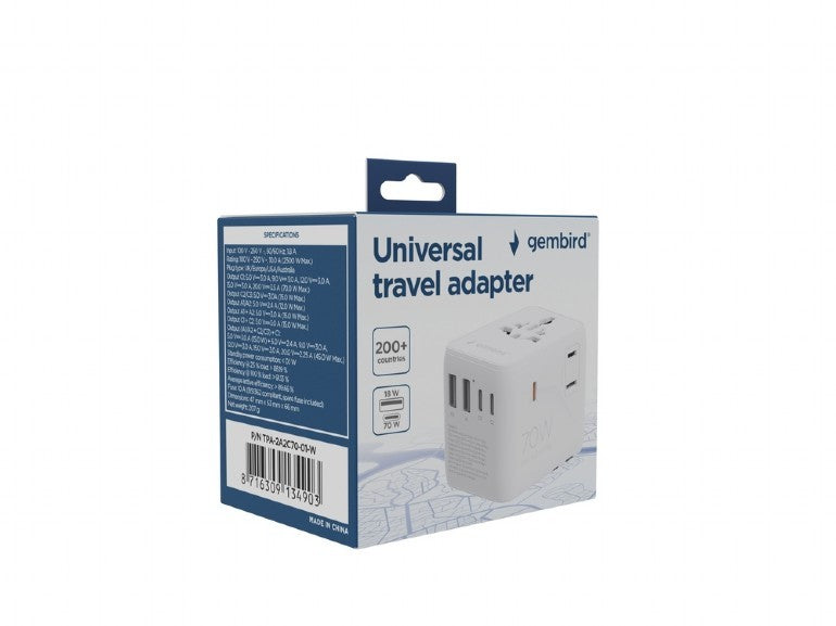 ADAPTOR GEMBIRD, universal, conectori: US/UK/EU/AU, 2x USB Type-C PD 70W, 2x USB-A 15W, siguranta 10A, max. 2500W, alb, "TPA-2A3C70-01-W"