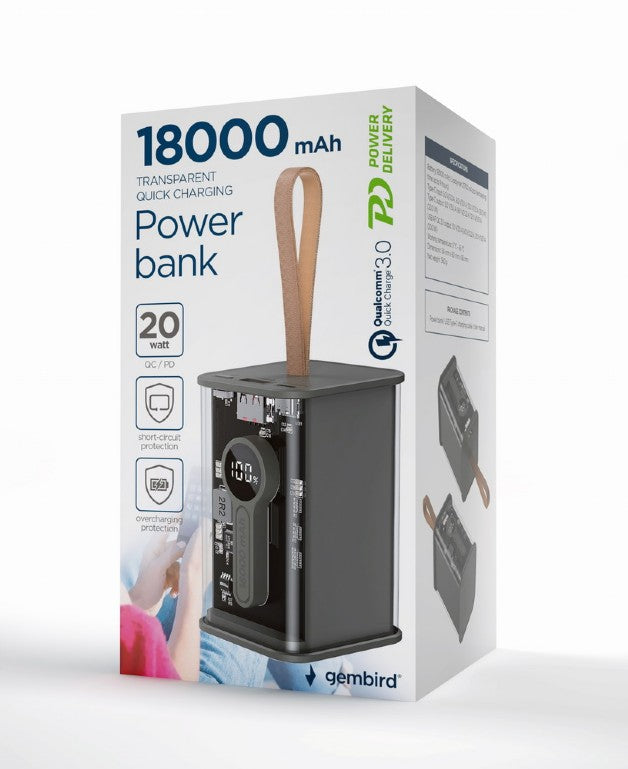 POWER BANK GEMBIRD 18000mAh, 20W , 1 x USB; 1 x USB Type-C, digital display pt. status baterie, max. 3A, transparent, negru, "PB18-TQC3-01"