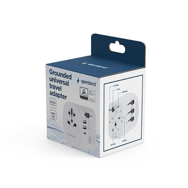 ADAPTOR GEMBIRD, universal, conectori: US/UK/EU/AU, 1x USB Type-C 15W, 2x USB-A 12W, siguranta 10A, max. 2300W, alb, "TPA-EU2A1C15-01-W"