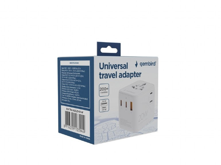 ADAPTOR GEMBIRD, universal, conectori: US/UK/EU/AU, 2x USB Type-C PD 20W, 1x USB-A QC 18W, siguranta 10A, max. 2500W, alb, "TPA-1A2C20-01-W"