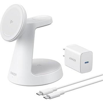 Stand cu incarcare wireless 3 in 1 Anker, MagGo 3-in-1, 15W, fast charge, pentru iPhone seriile 12-16. apple Watch si AirPods, cablu USB-C inclus, 1 x USB-C incarcare, alb, "B25M4G21" - 0194644206772