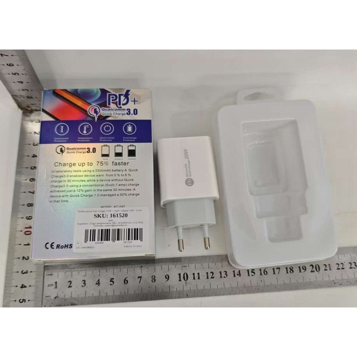 Incarcator Rapid PD QC3.0, 2 Porturi, USB + Type C, 20W, Incarcare Rapida, Protectie Supraincalzire, 9.5 x 5.3 x 5.8 cm, Alb