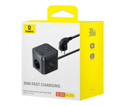 INCARCATOR RETEA Baseus GaN Powerstrip, Quick Charge 30W, 3 x AC, 2 x USB Type-C Output 5V/3A, 2 x USB, lungime cablu 1.5m, negru "E00066400117-00" - 6932172651121