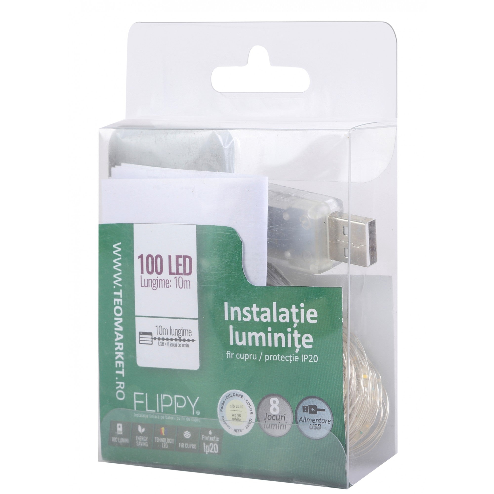 Instalatie Craciun, 10 metri, 100 LED-uri, alb cald, telecomanda 8 functii, USB, fir cupru, liniar, interior/exterior