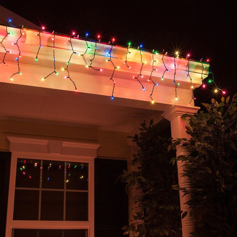 Instalatie Craciun, 15 m, 429 Led-uri,Franjuri, Rosu / Verde/ Albastru, Flash, Transformator cu telecomanda, Interconectabila, Prelungitor 5 m inclus, Fir Transparent