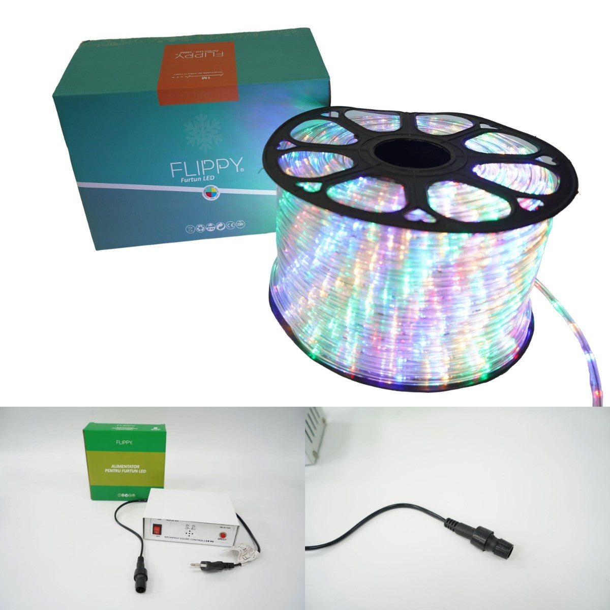 Instalatie Craciun, 69 m, 1656 Led-uri, Furtun Luminos, Multicolor, Transformator, 8 jocuri de lumini, Sectionabila, 220 V