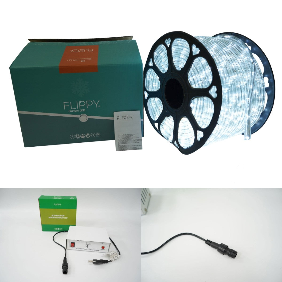 Instalatie Craciun, 85 m, 2040 Led-uri, Furtun Luminos, Alb rece, Transformator, 8 jocuri de lumini, Sectionabila, 220 V