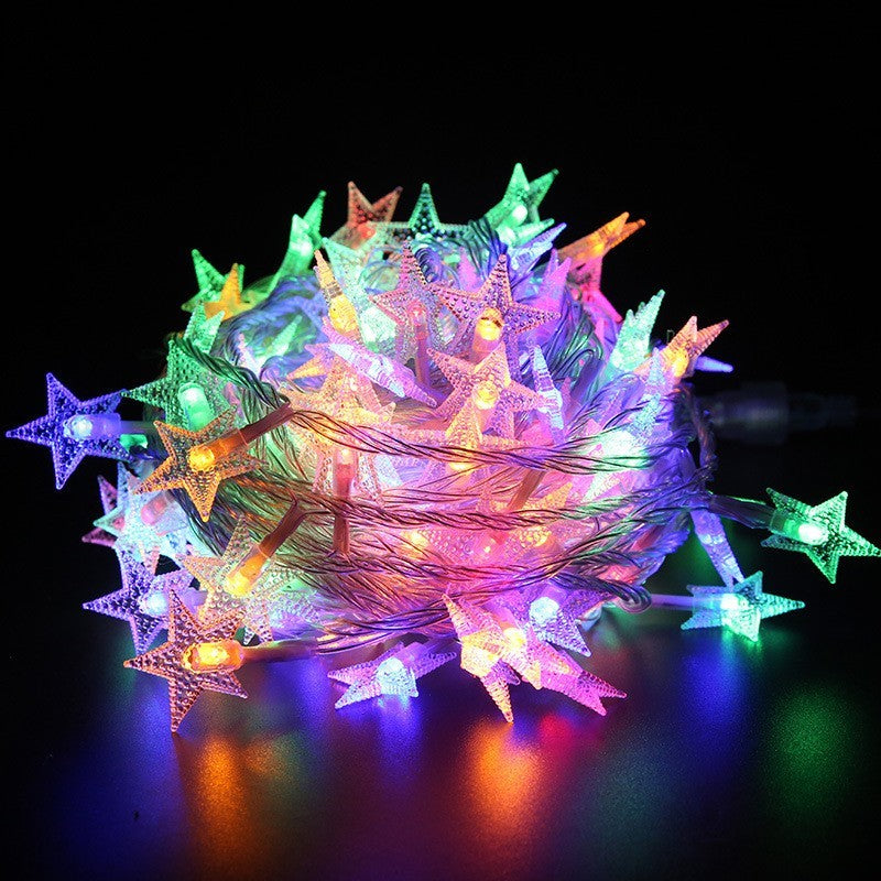 Instalatie Craciun cu baterii, 6 metri, 40 LED-uri tip Stea, fir Transparent, alb cald