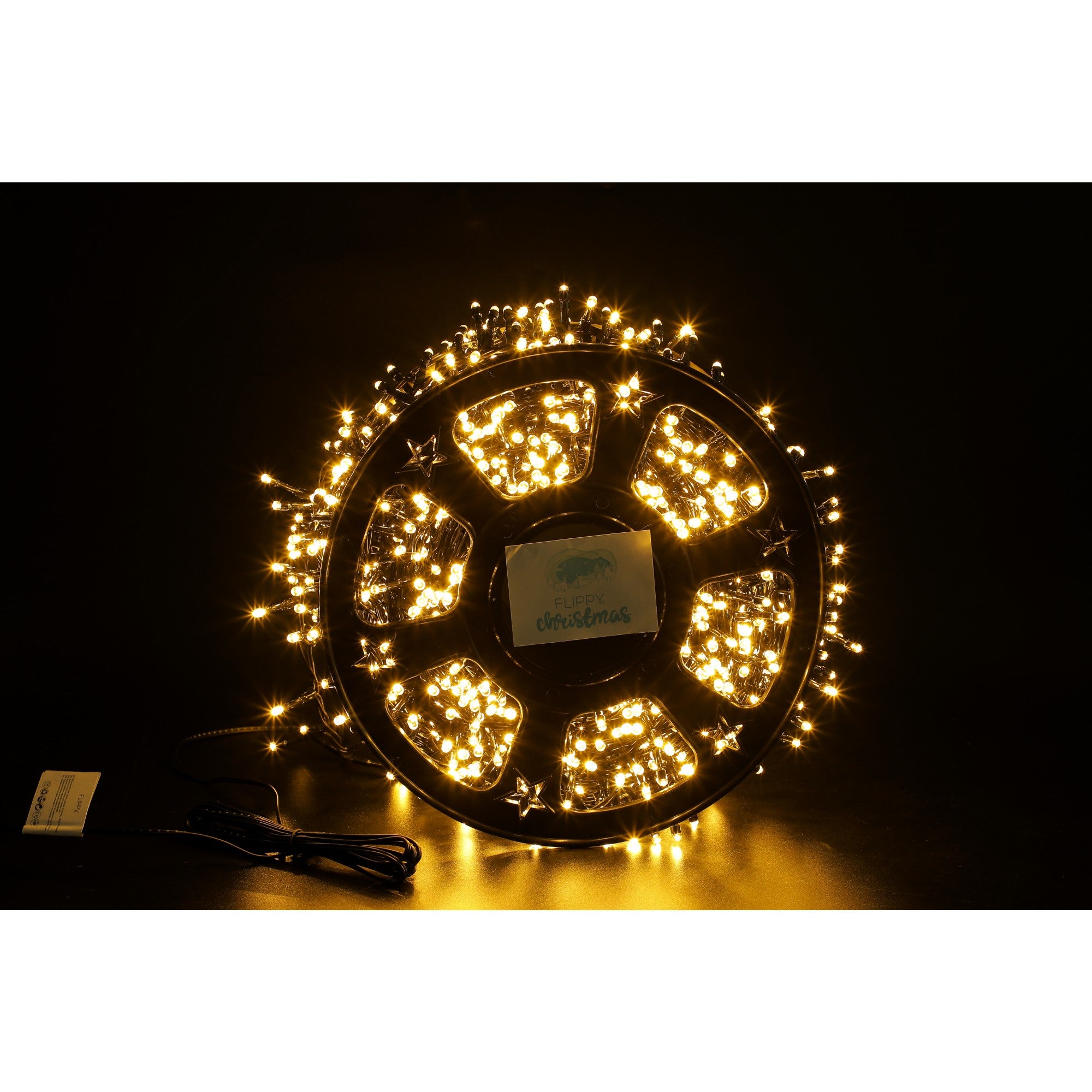 Instalatie Craciun liniara cu transformator, 50m, alb cald, 2000 LED-uri, fir negru, 8 jocuri de lumini