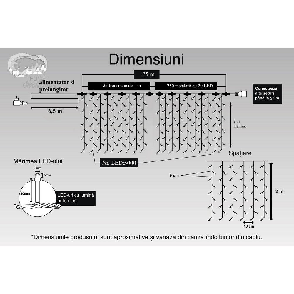 Instalatie Craciun Profesionala de Exterior IP65, Tip Perdea, 25m x 2m, 5000 Led-uri Mari, Alb cald, cu flash, Alimentator si prelungitor 6,5 m, Interconectabila, Fir negru