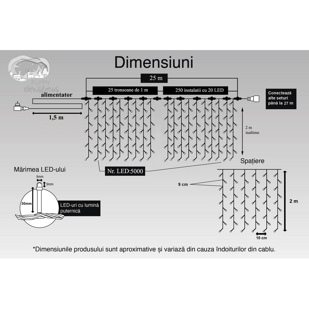 Instalatie Craciun Profesionala de Exterior IP65, Tip Perdea, 25m x 2m, 5000 Led-uri Mari, Alb rece, cu flash, Alimentator 1,5 m, Interconectabila, Fir negru