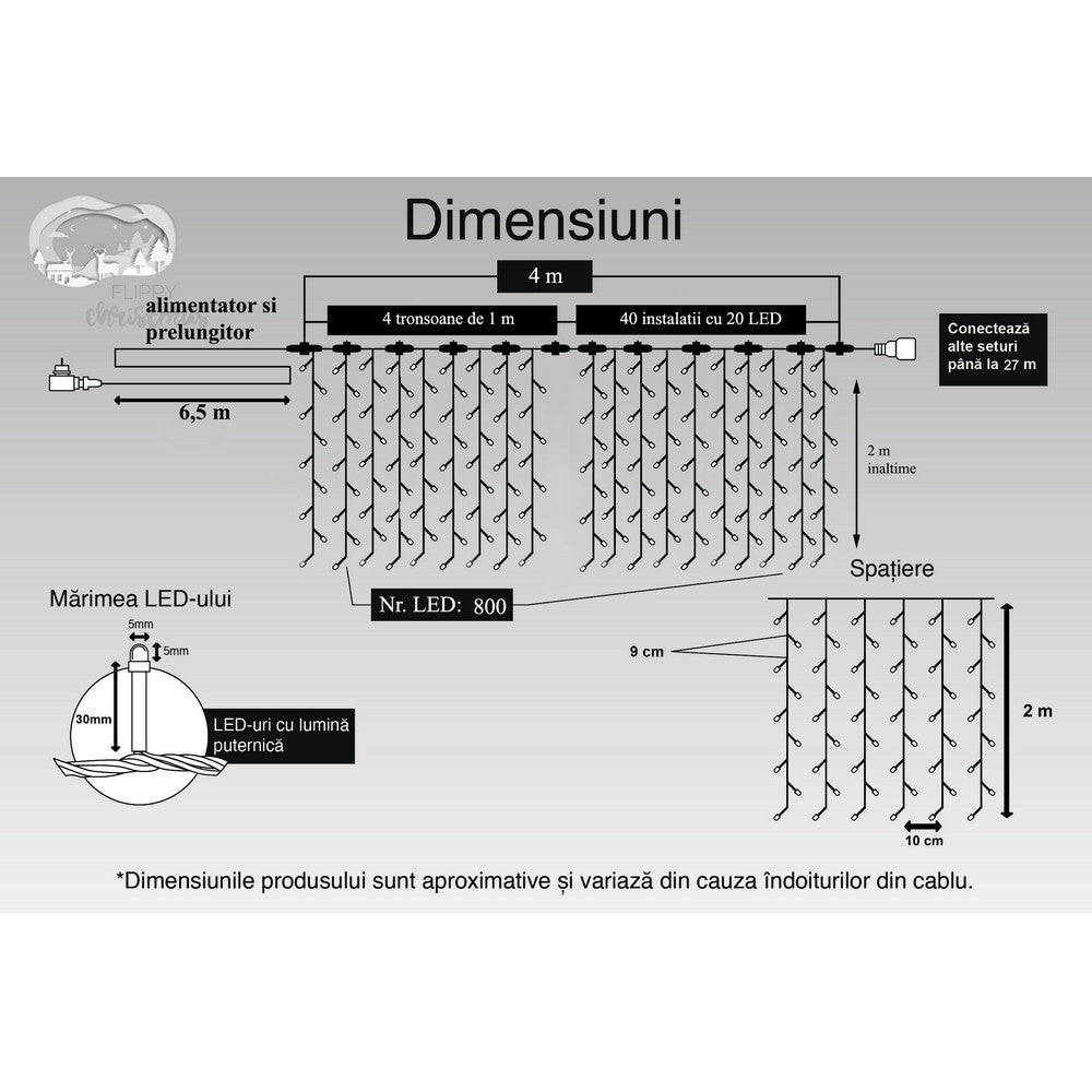 Instalatie Craciun Profesionala de Exterior IP65, Tip Perdea, 4m x 2m, 800 Led-uri Mari, Alb cald, cu flash, Alimentator si prelungitor 6,5 m, Interconectabila, Fir negru