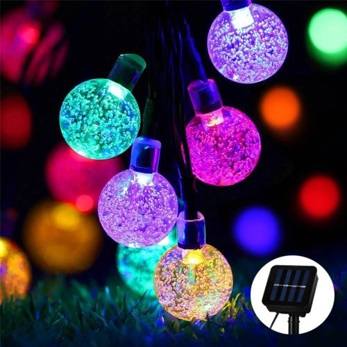 Instalatie Craciun, Tip Globuri de cristal, 50 Led-uri, 9.5 metri, Multicolor, Energie solara, Senzor de lumina