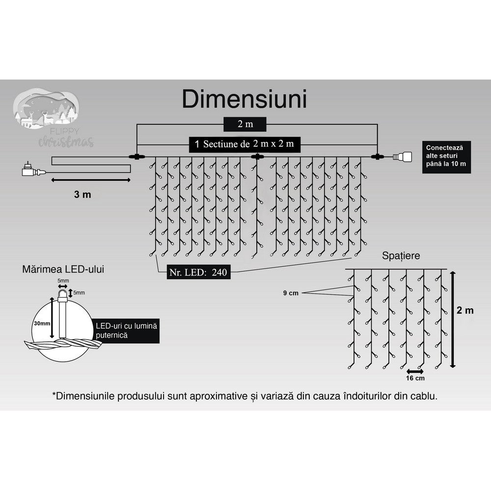 Instalatie Craciun, Tip Perdea, IP44, 2 m x 2 m, 240 LED-uri, Albastru, cu flash, Transformator, Interconectabila, Prelungitor 3 m inclus, Fir transparent, Interior/ Exterior