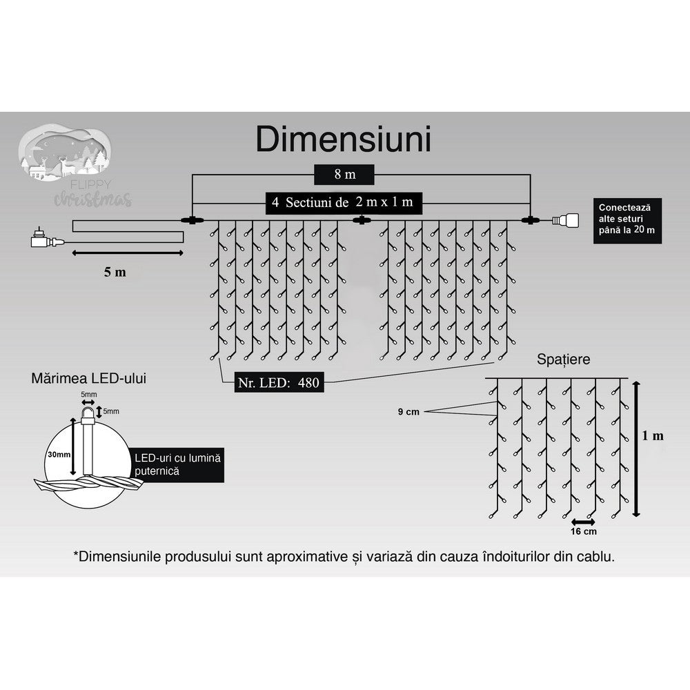 Instalatie Craciun, Tip Perdea, IP44, 8 m x 1 m, 480 LED-uri, Albastru, 8 jocuri de lumini, Transformator, Interconectabila, Prelungitor 5 m inclus, Fir transparent, Interior/ Exterior