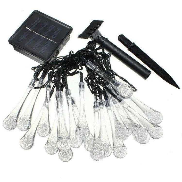 Instalatie Craciun, Tip Picaturi de apa, 20 Led-uri, 5 metri, Alb cald, Energie solara, Senzor de lumina