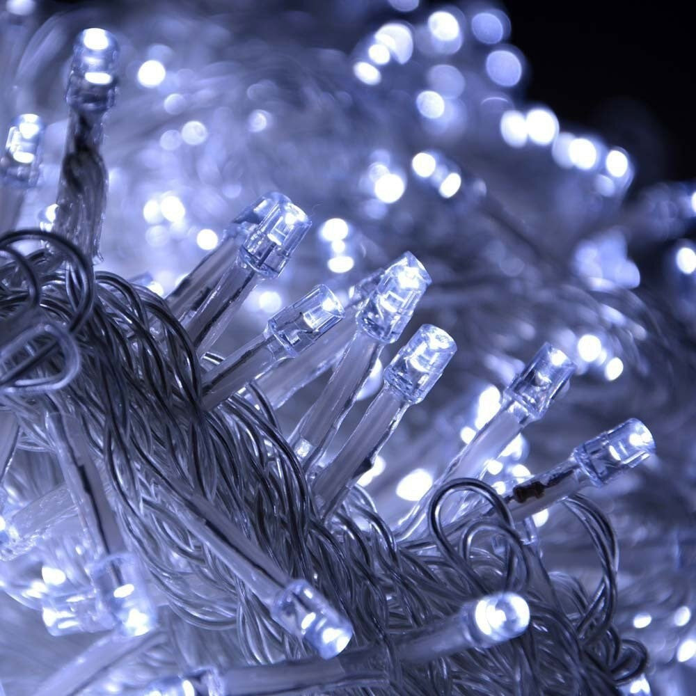 Instalatie Craciun Turturi, IP44, 7 m, 228 Led-uri,Perdea Franjurata, Alb rece, 8 jocuri de lumini, Transformator 31 V, Putere 9 W, Interconectabila, Interior/Exterior, Prelungitor 3 m inclus, Fir Transparent
