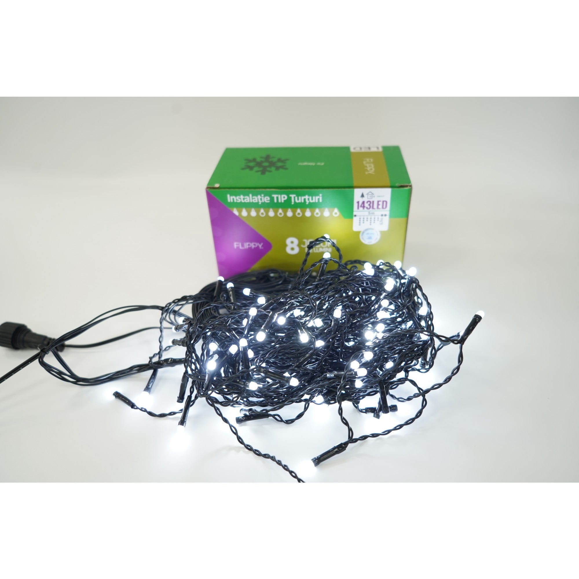 Instalatie de Craciun ® Tip Franjuri, 8 jocuri de lumini, Sectiune 5 m, 143 LED-uri, Interconectabila, Fir Negru, Alb Rece