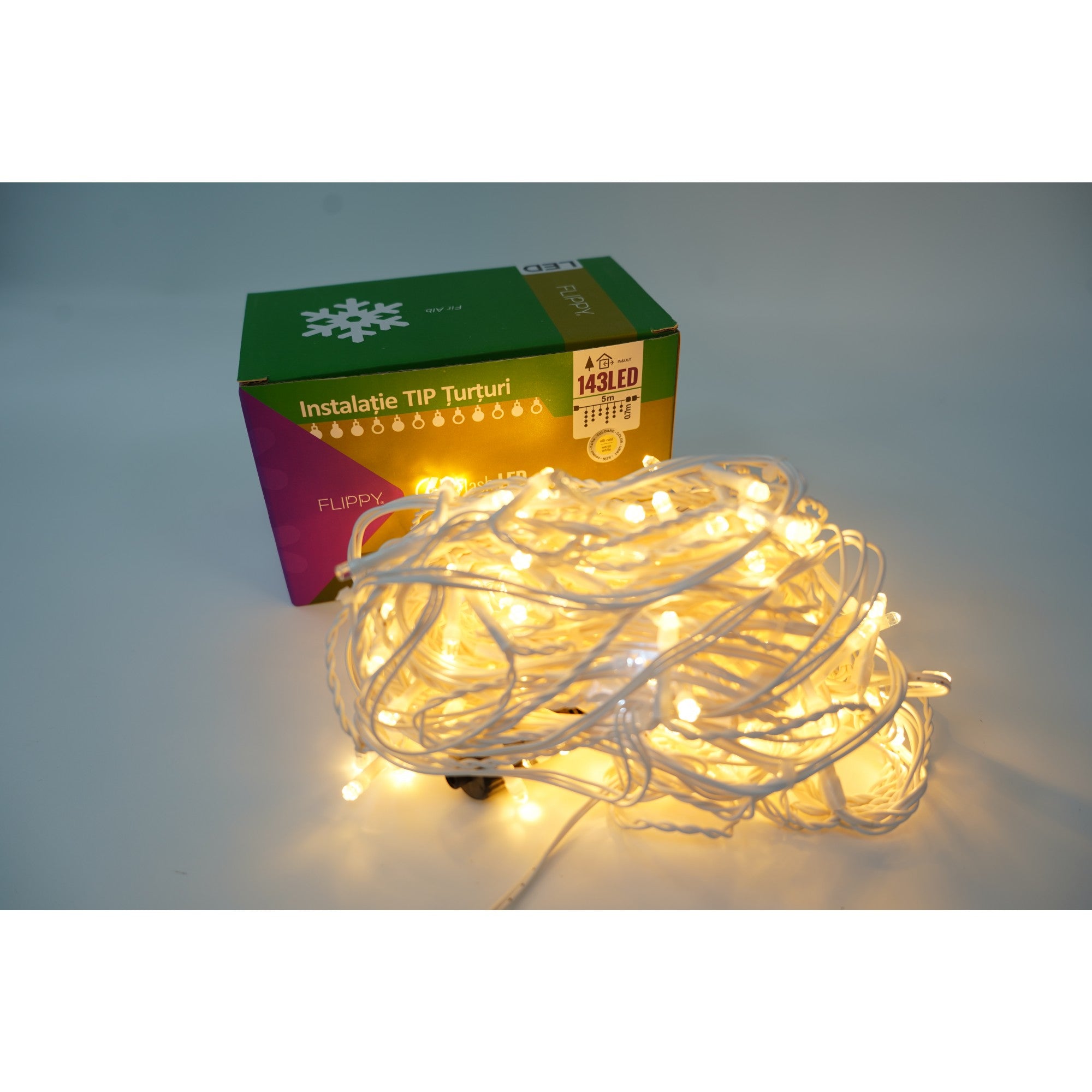 Instalatie de Craciun ® Tip Franjuri cu Flash, Sectiune 5 m, 143 LED-uri, Interconectabila, Fir Alb, Alb Cald