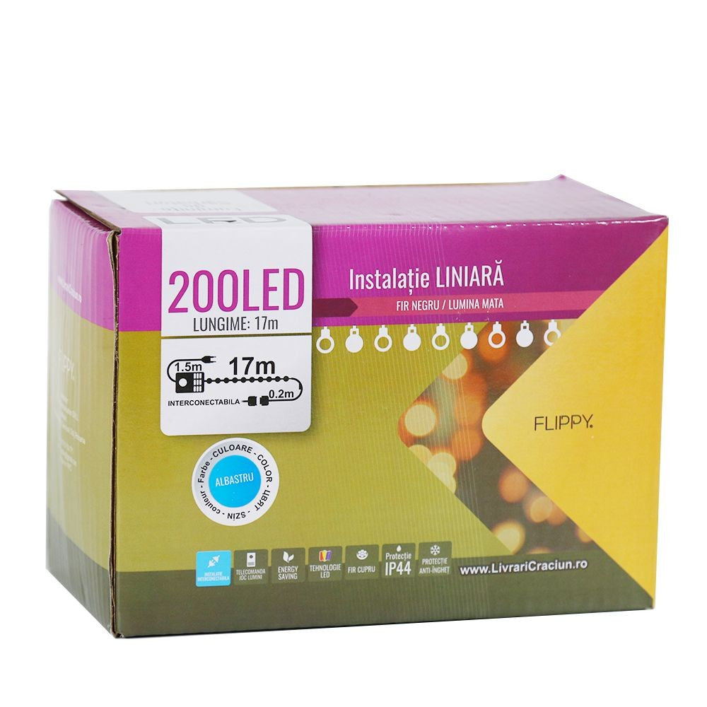 Instalatie de Craciun, ®, Tip Liniara, Fir Negru, 17 m, 200 LED-uri, Interconectabila, Albastru