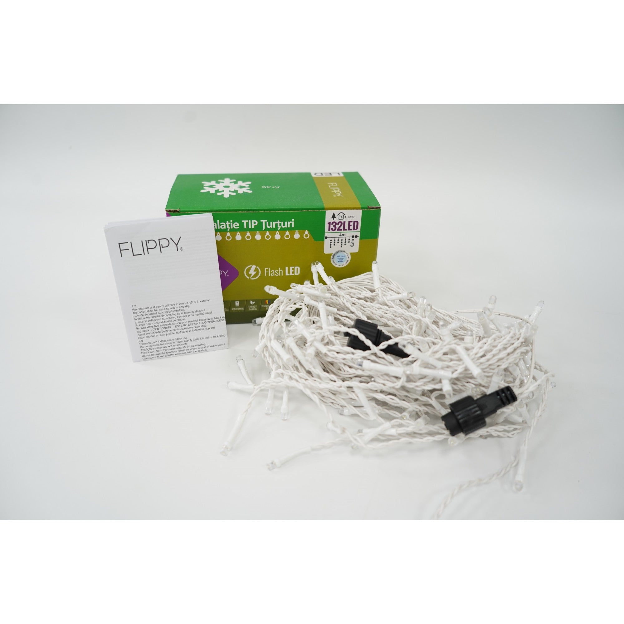 Instalatie de Craciun ® Tip Turturi, Franjuri cu Flash, Sectiune 4 m, 132 LED-uri, Interconectabila, Fir Alb, Alb Rece