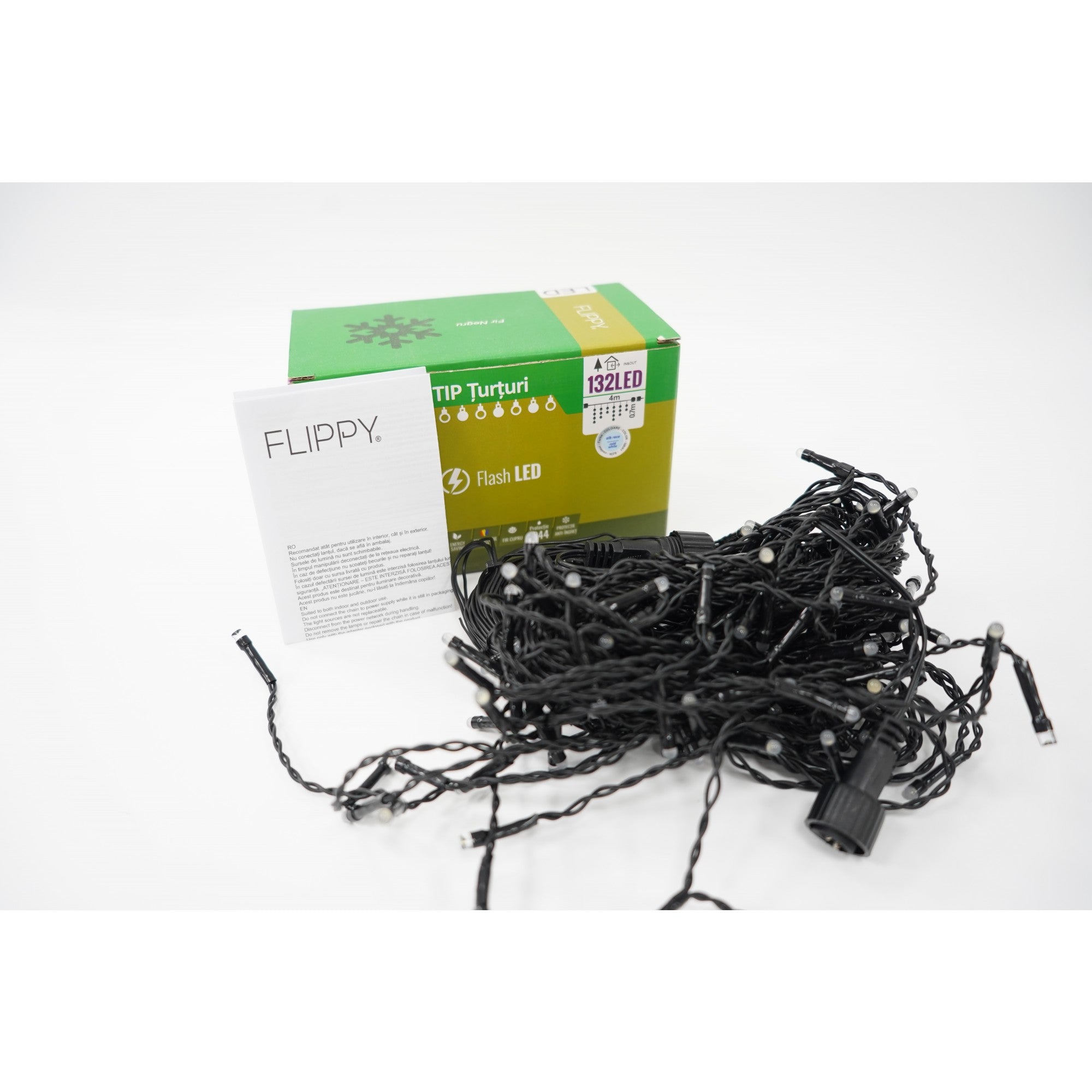 Instalatie de Craciun ® Tip Turturi, Franjuri cu Flash, Sectiune 4 m, 132 LED-uri, Interconectabila, Fir Negru, Alb Rece