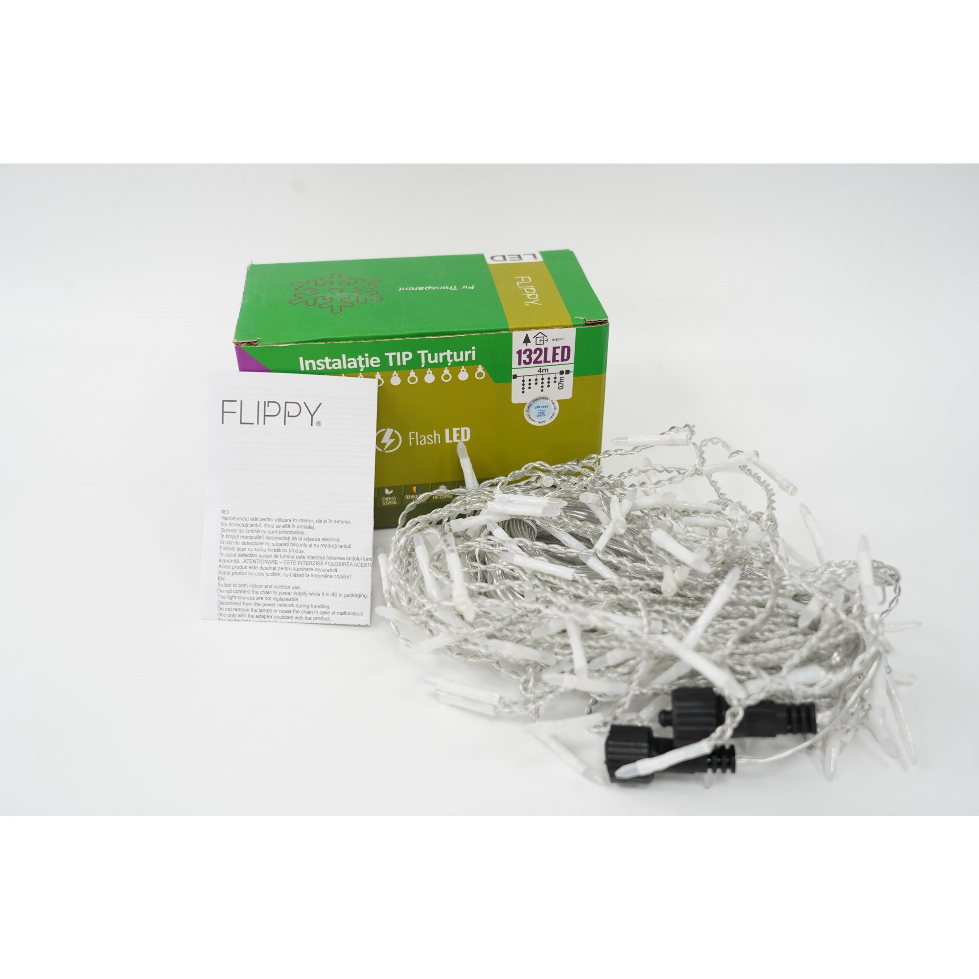 Instalatie de Craciun ® Tip Turturi, Franjuri cu Flash, Sectiune 4 m, 132 LED-uri, Interconectabila, Fir Transparent, Alb Rece