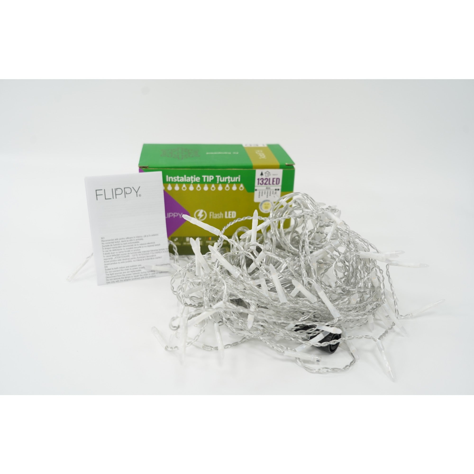 Instalatie de Craciun ® Tip Turturi, Franjuri cu Flash, Sectiune 4 m, 132 LED-uri, Interconectabila, Fir Transparent, Alb Cald