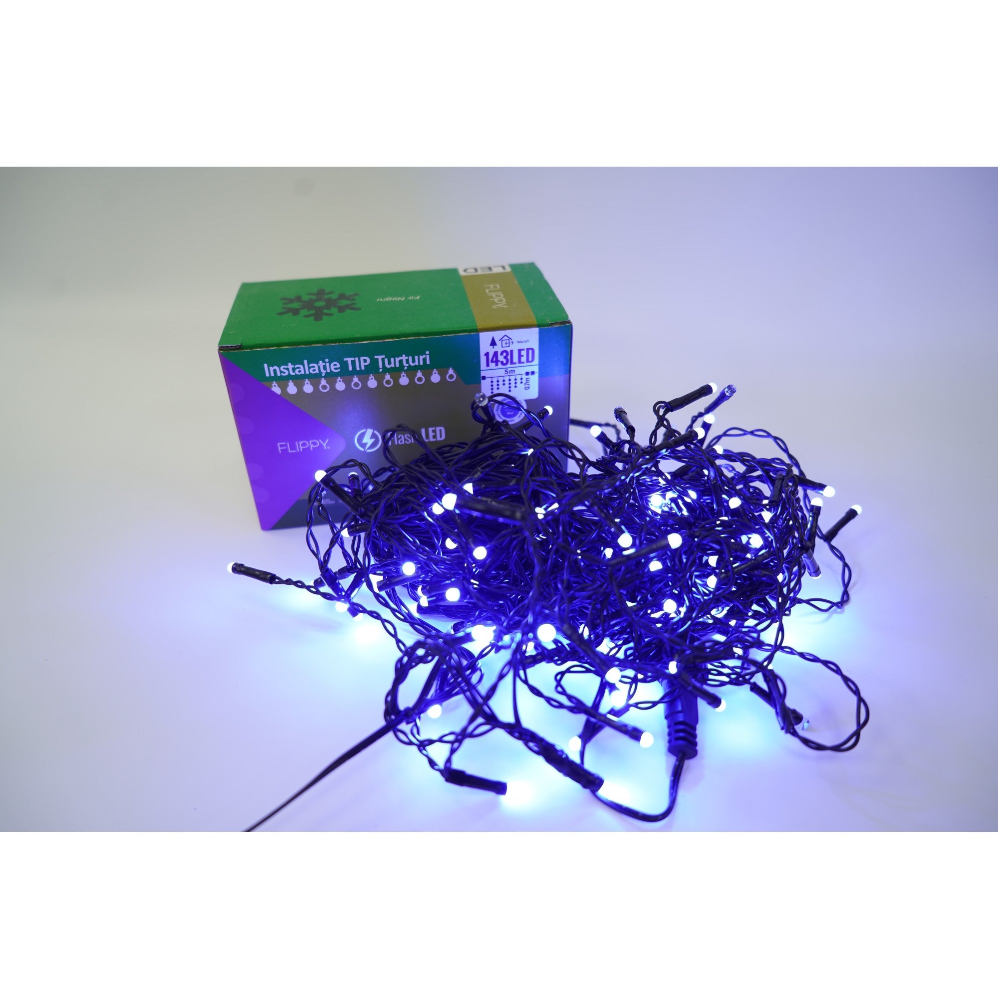 Instalatie de Craciun ® Tip Turturi, Franjuri cu Flash, Sectiune 5 m, 143 LED-uri, Interconectabila, Fir Negru, Albastru,Fara transformator